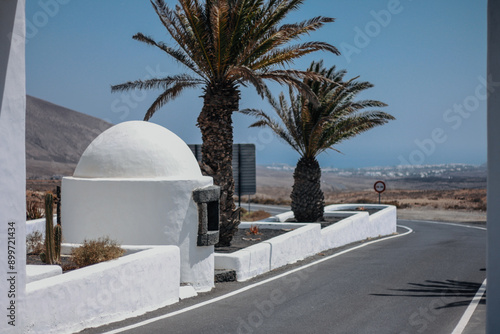 Lanzarote Mediterranean Island Architecture, Palm Trees, Road in Summer Vacation