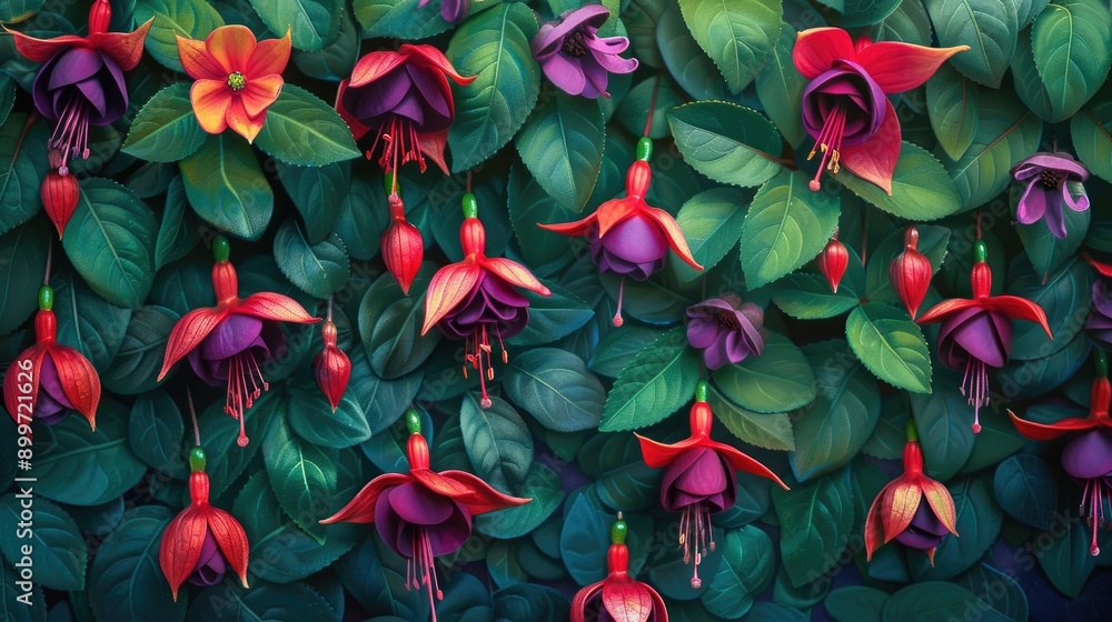Hybrid Fuchsia Flowers on Green Background Hybrid Fuchsia Flowers on Green Background