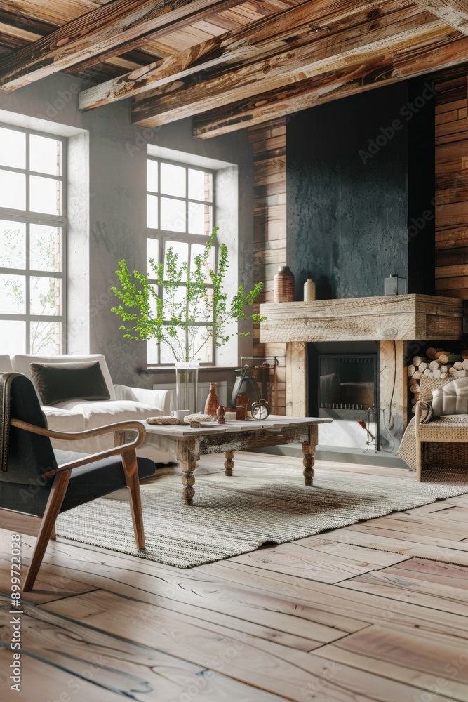 Cozy Dark Living Room With Rustic Fireplace and Natural Decor Cozy Dark Living Room With Rustic Fireplace and Natural Decor
