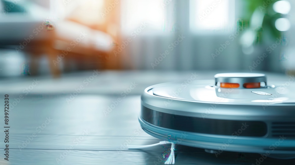 Close-up of a smart robot vacuum cleaner cleaning a modern living room floor with natural light and furniture in the background.