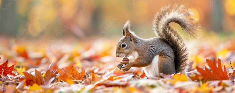 Obraz premium Close-up of a squirrel holding a nut amidst colorful autumn leaves, showcasing the beauty and vibrancy of the fall season.