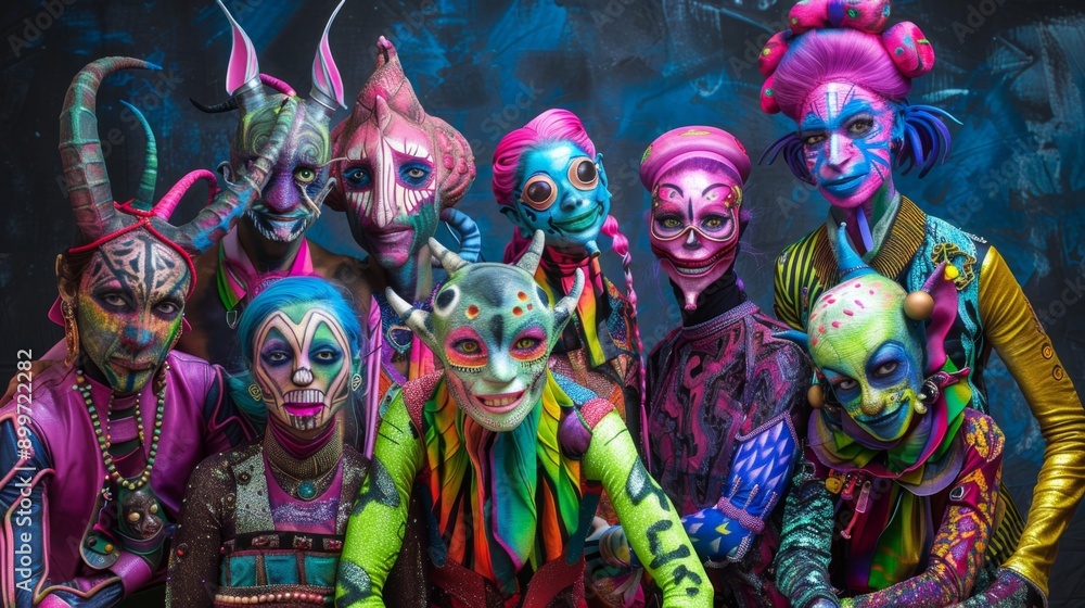 Obraz premium Group portrait of diverse, brightly colored aliens with unique designs and vibrant attire,