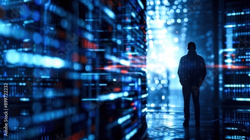 Silhouette of Man in Data Center Surrounded by Digital Servers, Concept of Cybersecurity, Big Data Storage, IT Infrastructure, Advanced Technology, Network Operations