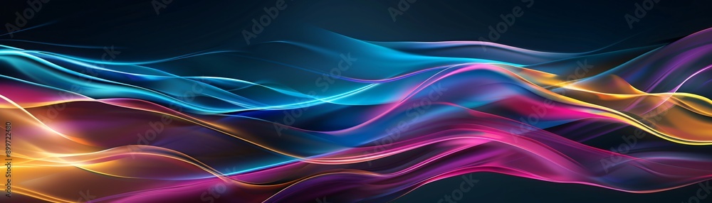 High tech 3D abstract waves in glowing cyan gold and magenta forming elegant fluid shapes set against a sleek dark backdrop with space for content High tech 3D abstract waves in glowing cyan gold and magenta forming elegant fluid shapes set against a sleek dark backdrop with space for content