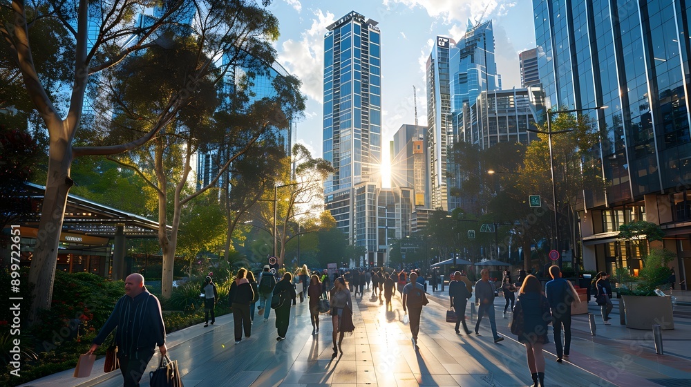 Obraz premium Bustling Downtown Cityscape with High Rises and Pedestrians Going About Their Day