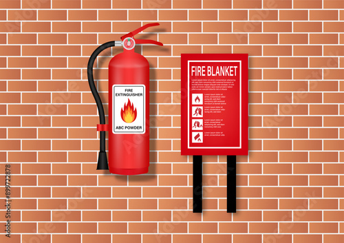 Fire Extinguisher and Fire Blanket on Wall in the Building. Vector Illustration. 