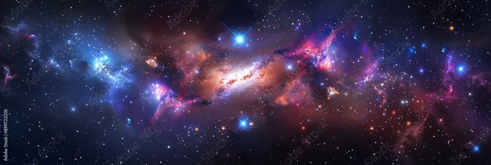 Naklejka premium Galaxy with cosmic dust clouds, dark lanes, bright stars, deep space