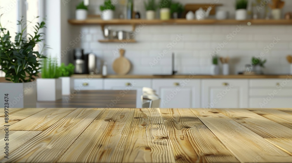 Wooden desk with empty space for decoration and blurred kitchen background in home Wooden desk with empty space for decoration and blurred kitchen background in home