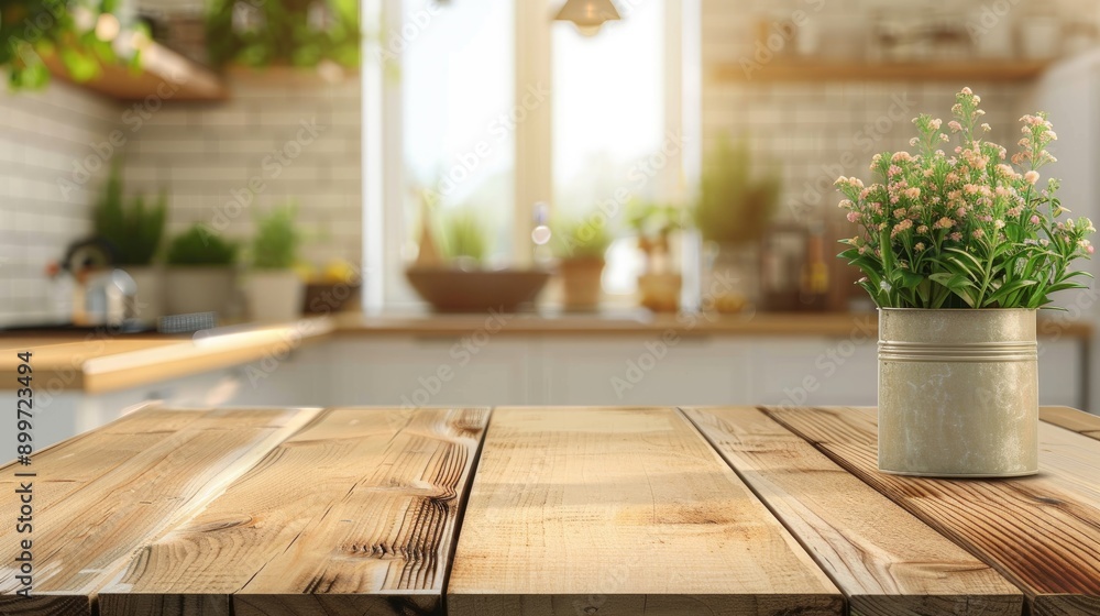 Wooden desk with empty space for decoration and blurred kitchen background in home Wooden desk with empty space for decoration and blurred kitchen background in home