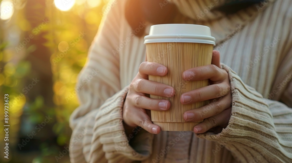 Close-up of hands holding a hot beverage in a bamboo cup, with a cozy sweater visible. Close-up of hands holding a hot beverage in a bamboo cup, with a cozy sweater visible.