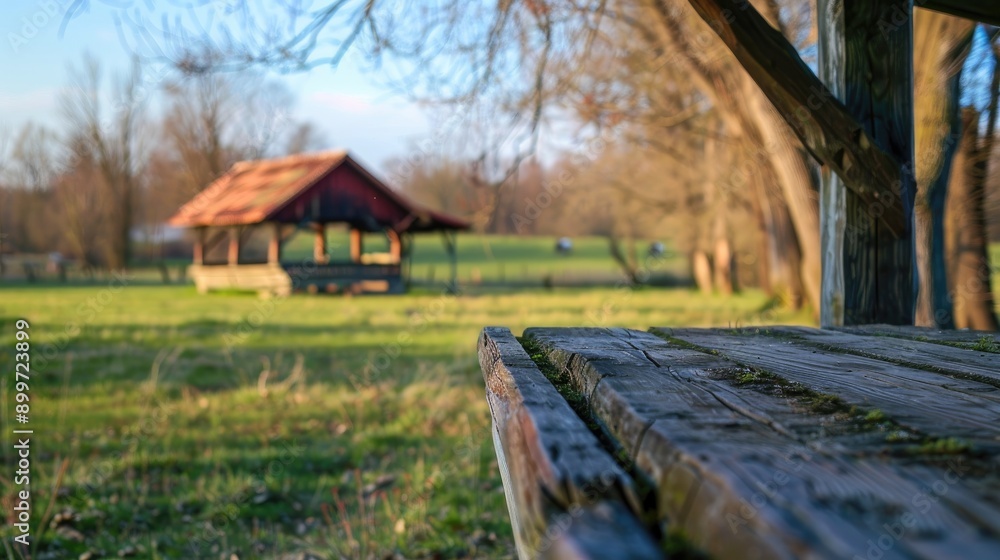 Wooden pavilion by the farm with blurred scenery Wooden pavilion by the farm with blurred scenery