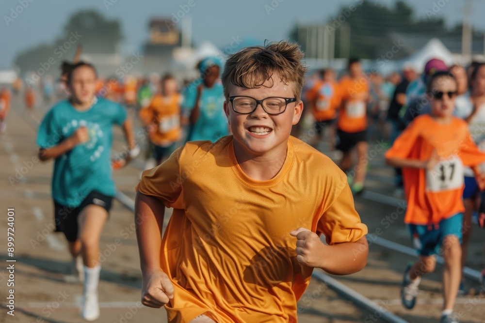 A young boy in an orange shirt, smiling with determination while participating in a competitive marathon event. A group of children and adults are seen running in the background. A young boy in an orange shirt, smiling with determination while participating in a competitive marathon event. A group of children and adults are seen running in the background.