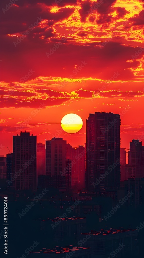 Fototapeta premium Dramatic Silhouetted Cityscape at Fiery Sunset Horizon