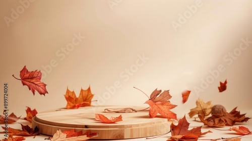 Fototapeta Naklejka Na Ścianę i Meble -  Wooden podium with autumn leaves on beige background for product presentation in fall concept