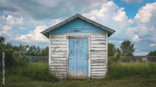 Wooden shed in rural setting with white and blue colors