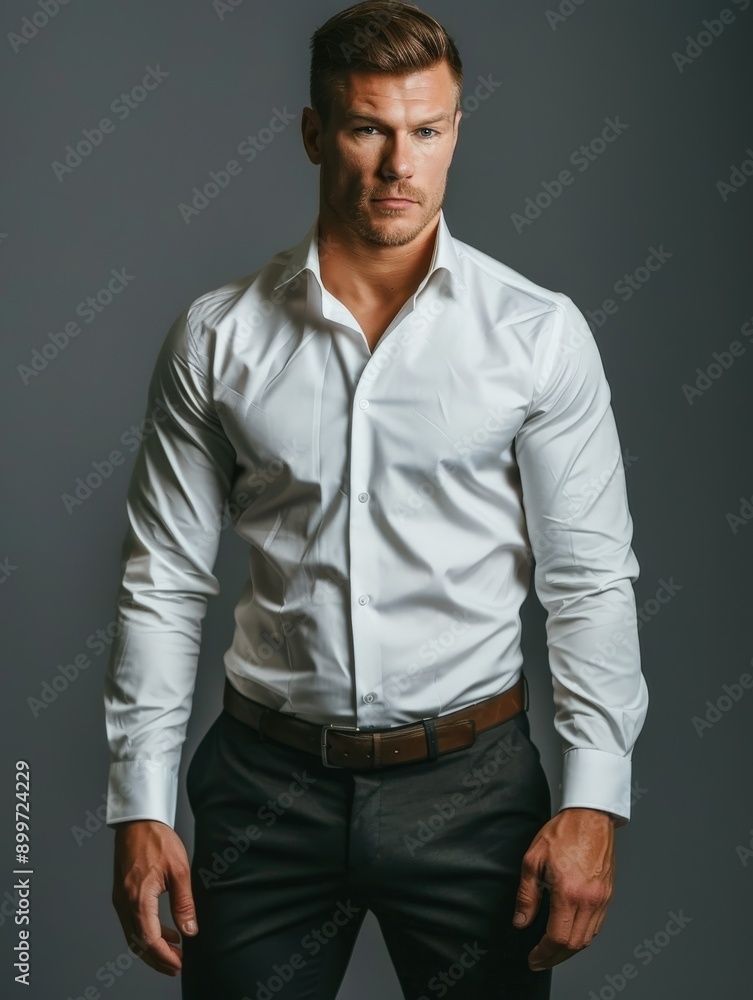 Professional Man Posing in a Crisp White Shirt Against a Dark Background Professional Man Posing in a Crisp White Shirt Against a Dark Background