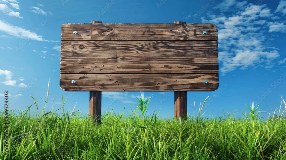 Fototapeta premium Wooden sign with green grass under a blue sky