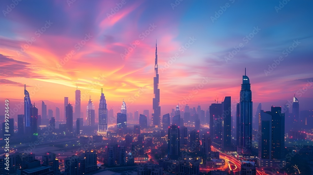 Fototapeta premium Majestic City Skyline at Twilight with Prominent Tower and Surrounding High Rise Buildings