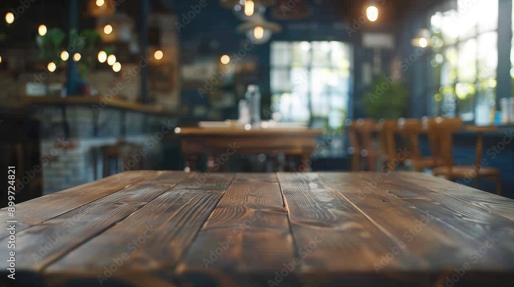 Wooden table in a blurry restaurant setting with space for display or product placement Wooden table in a blurry restaurant setting with space for display or product placement