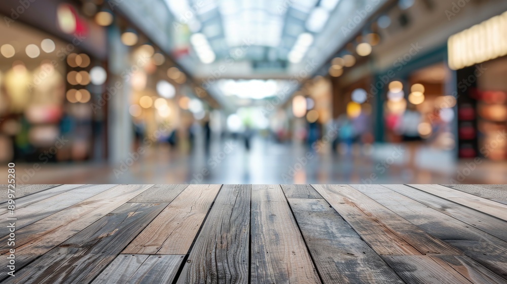 Wooden table surface with blurred shopping mall backdrop ideal for showcasing or presenting products Wooden table surface with blurred shopping mall backdrop ideal for showcasing or presenting products