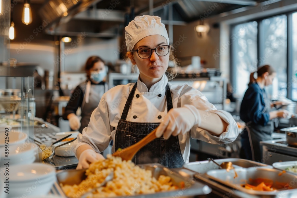 A focused female chef wearing a white uniform and hat prepares food in a professional kitchen, demonstrating skill and dedication as she cooks various dishes during service. A focused female chef wearing a white uniform and hat prepares food in a professional kitchen, demonstrating skill and dedication as she cooks various dishes during service.
