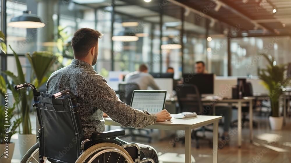 Disabled man in a wheelchair working on a laptop in a modern office with green plants. Accessibility and inclusive employment. Disabled man in a wheelchair working on a laptop in a modern office with green plants. Accessibility and inclusive employment.