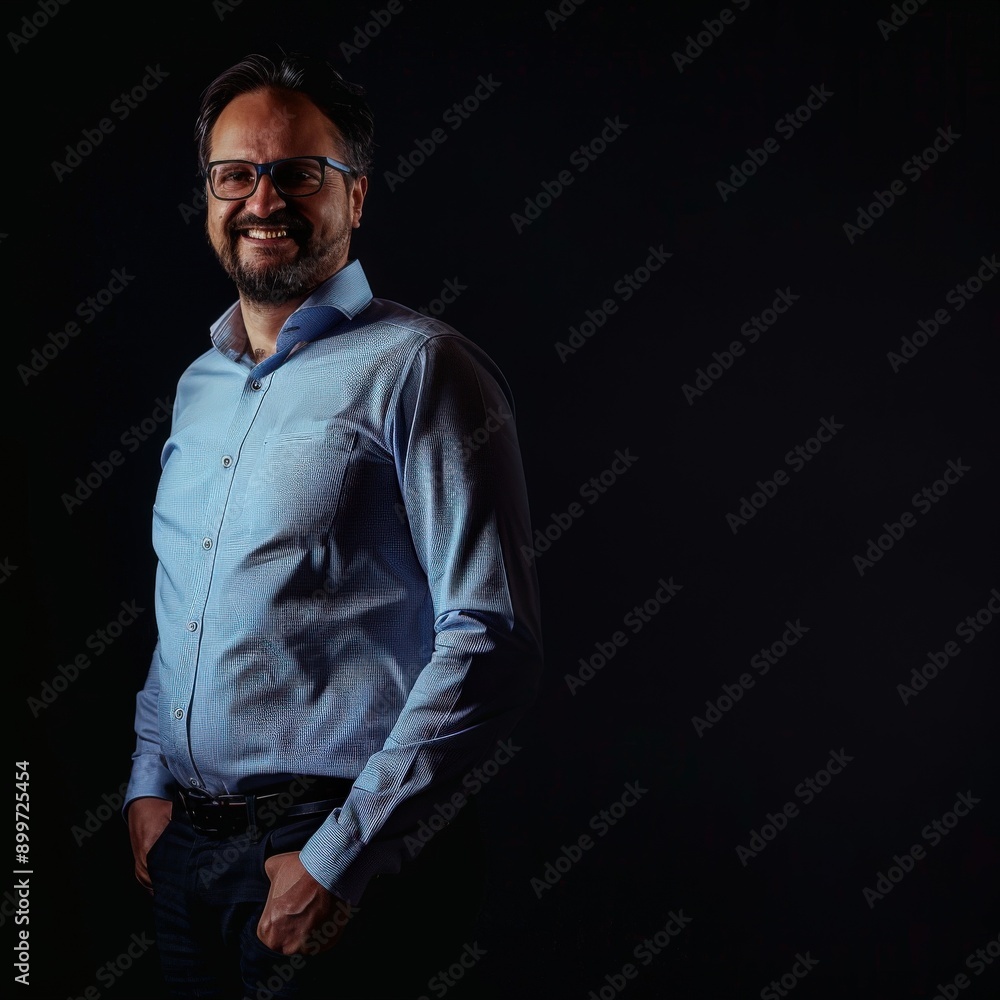 Smiling Male Executive in Blue Shirt Against Dark Background Smiling Male Executive in Blue Shirt Against Dark Background