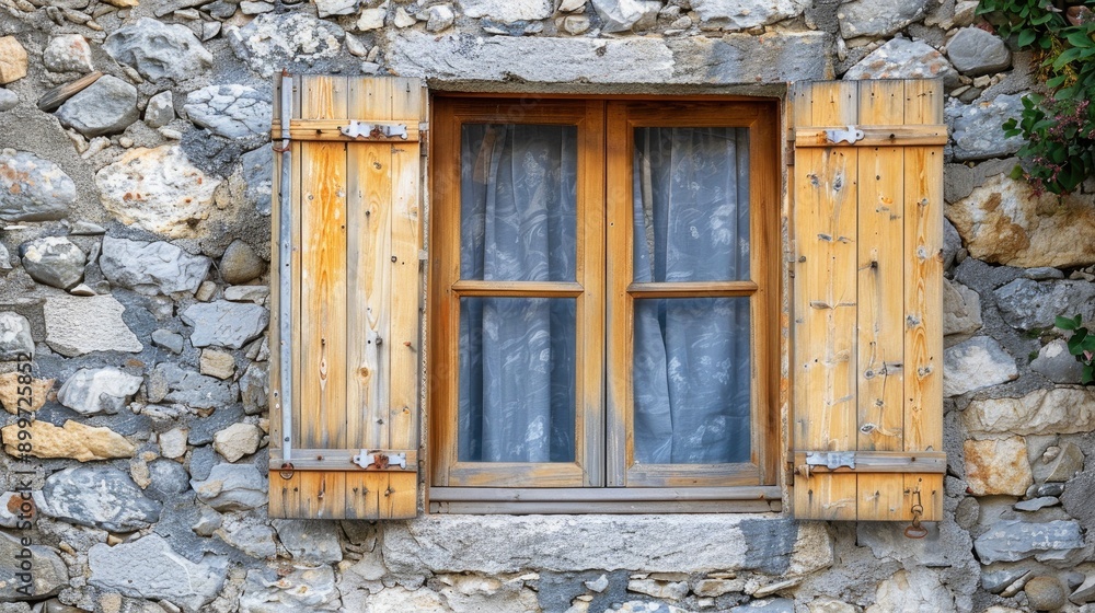 Wooden window on stone wall in Dimitsana Greece Wooden window on stone wall in Dimitsana Greece