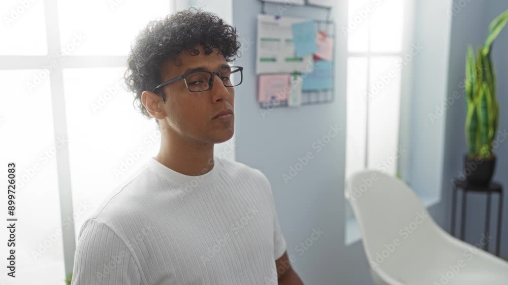 Young man wearing glasses sits in a bright office with white walls and a plant in the background, conveying a professional and modern workplace environment Young man wearing glasses sits in a bright office with white walls and a plant in the background, conveying a professional and modern workplace environment