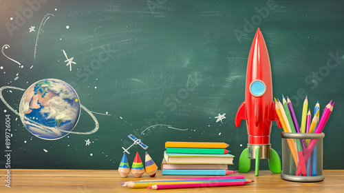 Back to school concept with a detailed chalk drawing of a rocket and space elements on a green background. A metal pen holder containing various colored pencils and a stack of books sits nearby. An ap