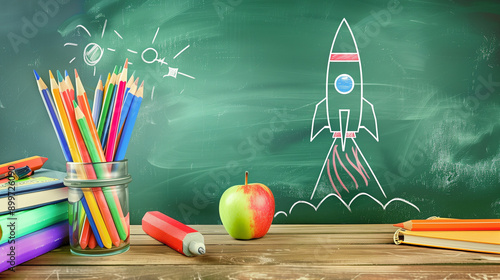 Back to school concept with a detailed chalk drawing of a rocket and space elements on a green background. A metal pen holder containing various colored pencils and a stack of books sits nearby. An ap