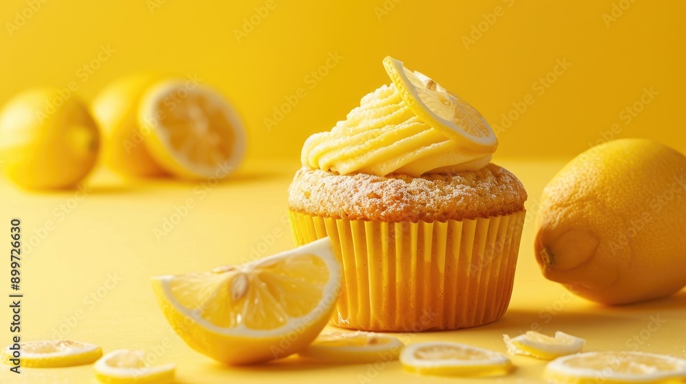 Yellow background with a lemon muffin Yellow background with a lemon muffin
