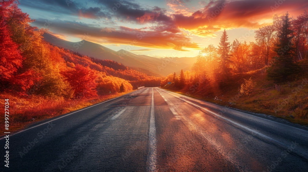 Naklejka premium A road with a sunset in the background