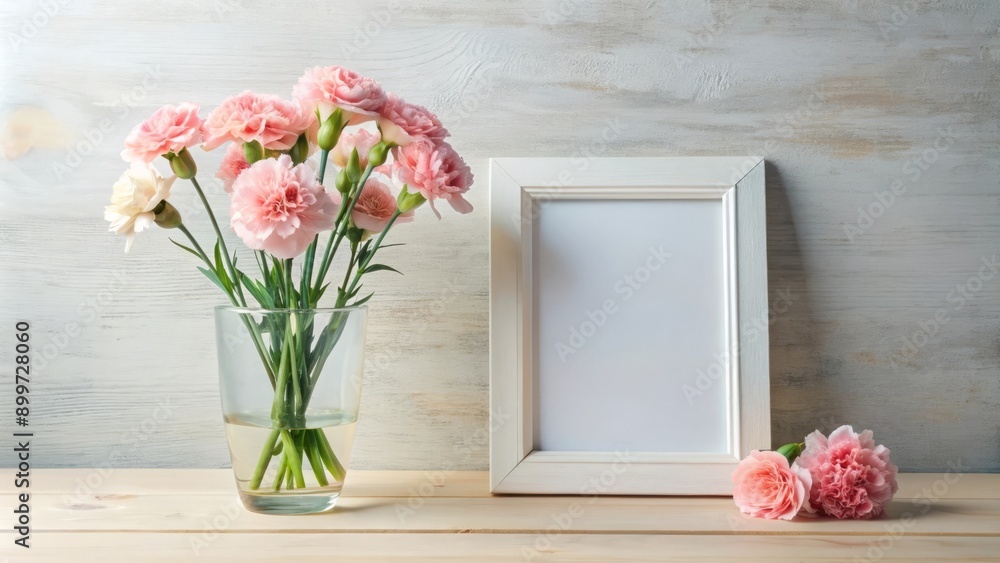 Pink Carnations in Vase with White Frame on Wooden Table. Pink Carnations in Vase with White Frame on Wooden Table.