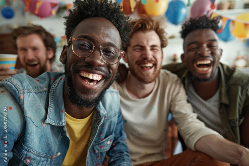 A group of four friends, all men, are laughing heartily, captured in a bright, colorful environment filled with party decorations, showcasing a moment of pure joy and companionship. A group of four friends, all men, are laughing heartily, captured in a bright, colorful environment filled with party decorations, showcasing a moment of pure joy and companionship.