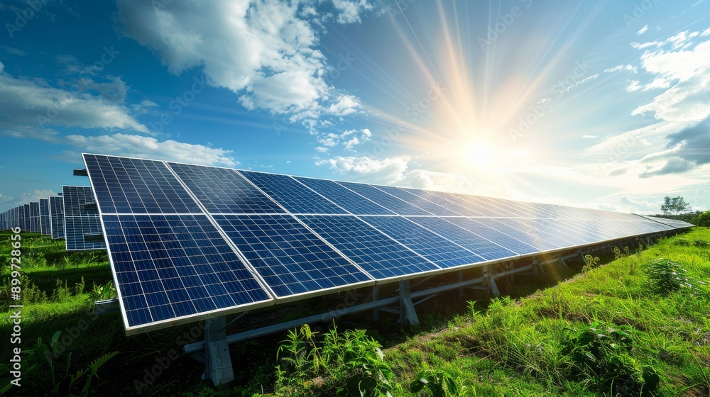 A modern solar farm with rows of solar panels capturing sunlight A modern solar farm with rows of solar panels capturing sunlight