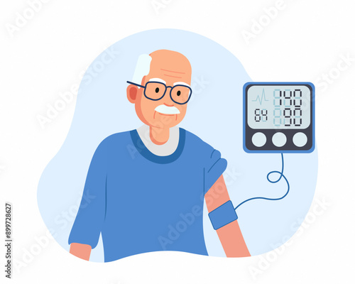 Senior man measuring blood pressure by himself healthy lifestyle