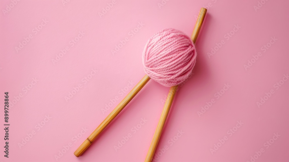 Bamboo crochet hook with thick monochrome wool on pink surface from above Bamboo crochet hook with thick monochrome wool on pink surface from above