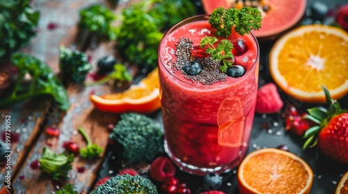 Wallpaper Mural A vibrant berry smoothie garnished with fresh raspberries, blueberries, mint leaves, and a slice of orange. Torontodigital.ca