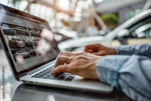 Person browsing online listings for used cars, showcasing convenience and accessibility