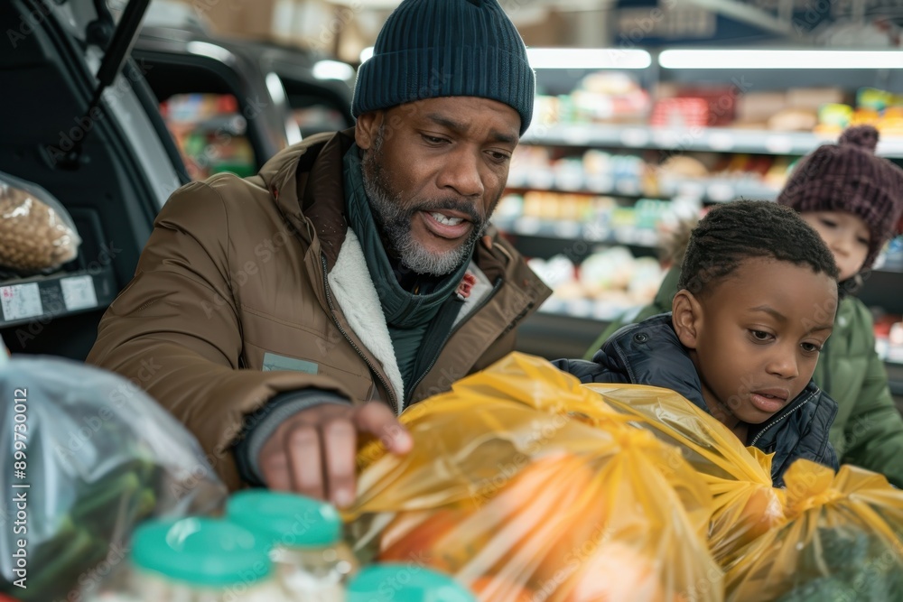 A father and his young son are shopping for groceries together in a supermarket, indicating shared responsibilities, father-son bonding, and the domestic chores involved. A father and his young son are shopping for groceries together in a supermarket, indicating shared responsibilities, father-son bonding, and the domestic chores involved.