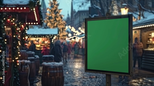 Unique and attractive vertical blank green screen billboard mock-up at a festive holiday market, seasonal environment