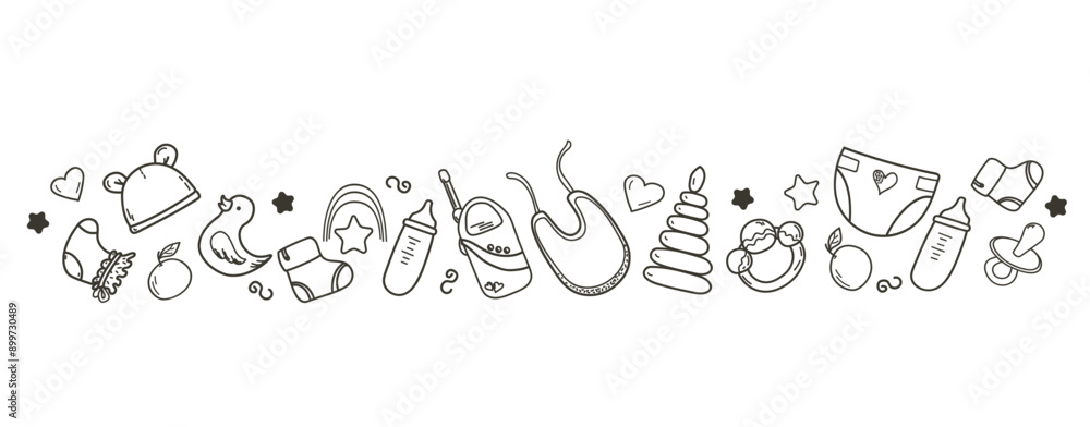 Vector hand-drawn doodle frame on a children's theme. Toys and items of children's hygiene and clothing. Linear illustration on a white background. For greeting cards and packaging. Vector hand-drawn doodle frame on a children's theme. Toys and items of children's hygiene and clothing. Linear illustration on a white background. For greeting cards and packaging.