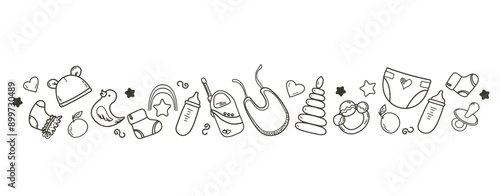 Vector hand-drawn doodle frame on a children's theme. Toys and items of children's hygiene and clothing. Linear illustration on a white background. For greeting cards and packaging.