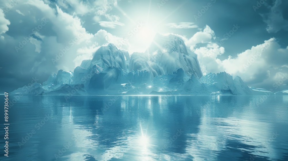 Fototapeta premium Majestic iceberg bathed in sunlight, reflected in calm water, illustrating the beauty and serenity of nature.