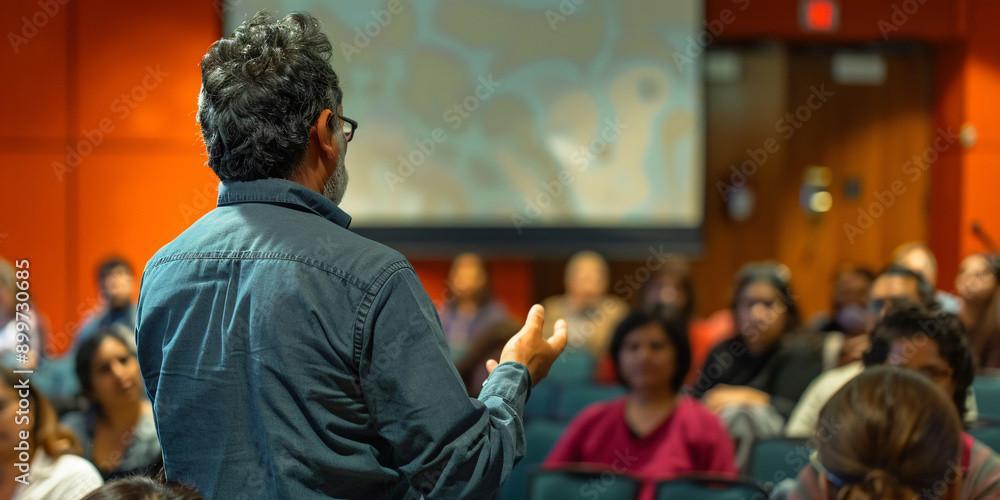 hispanic speaker presents to a packed conference hall, addressing the audience with a presentation. hispanic speaker presents to a packed conference hall, addressing the audience with a presentation.