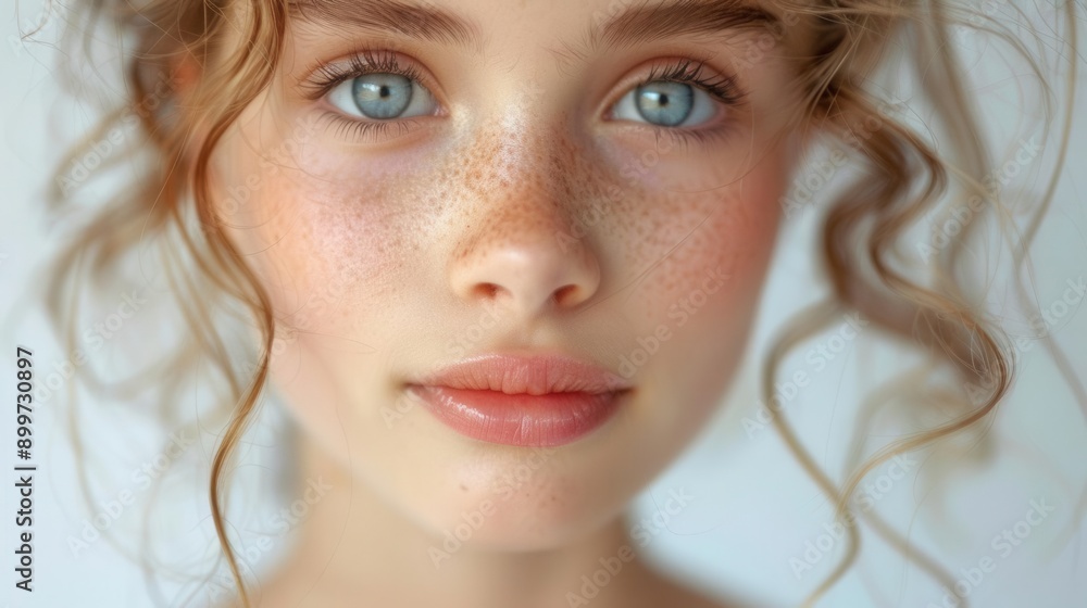 Close-up of young girl with clear skin biting lip, white background, beauty care, spa, natural look, Close-up of young girl with clear skin biting lip, white background, beauty care, spa, natural look,