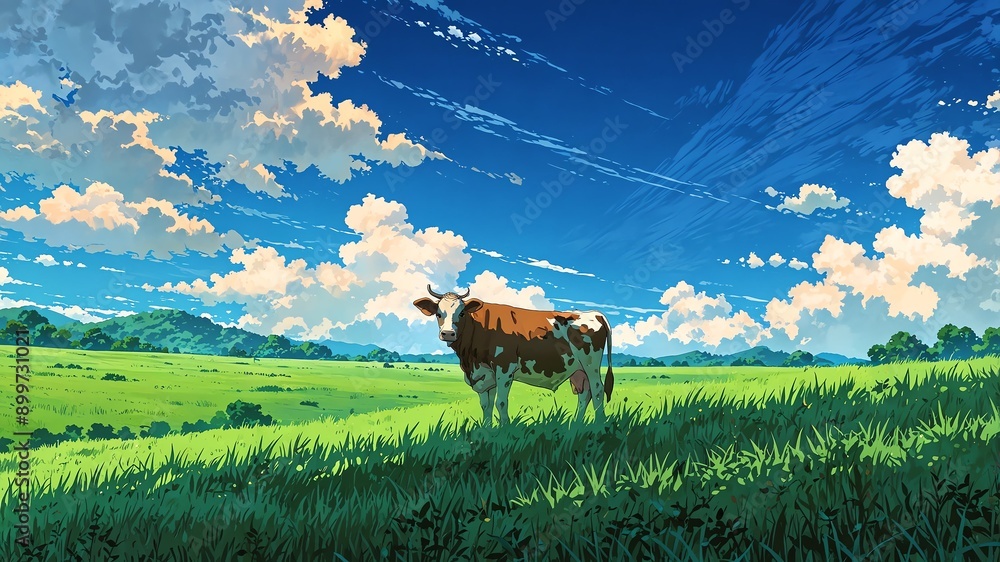 cow in savannah grassland background anime cartoon illustration cow in savannah grassland background anime cartoon illustration