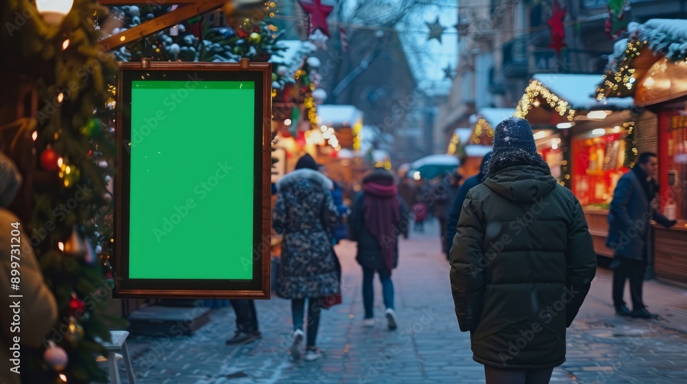 Unique and attractive vertical blank green screen billboard mock-up at a festive holiday market, seasonal environment Unique and attractive vertical blank green screen billboard mock-up at a festive holiday market, seasonal environment