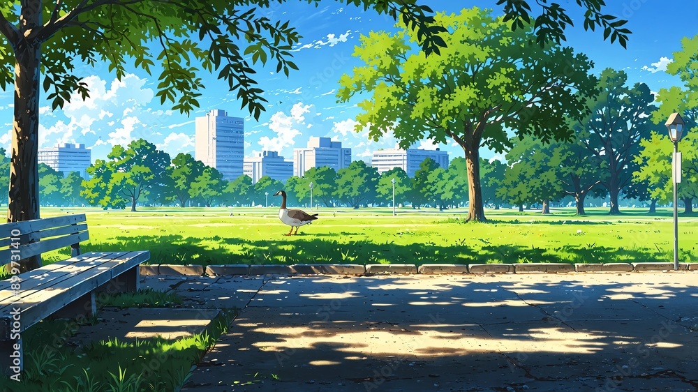Fototapeta premium goose in park background anime cartoon illustration
